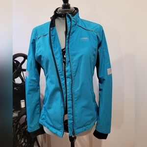 Running Room teal and black windbreaker jacket. Ladies size small